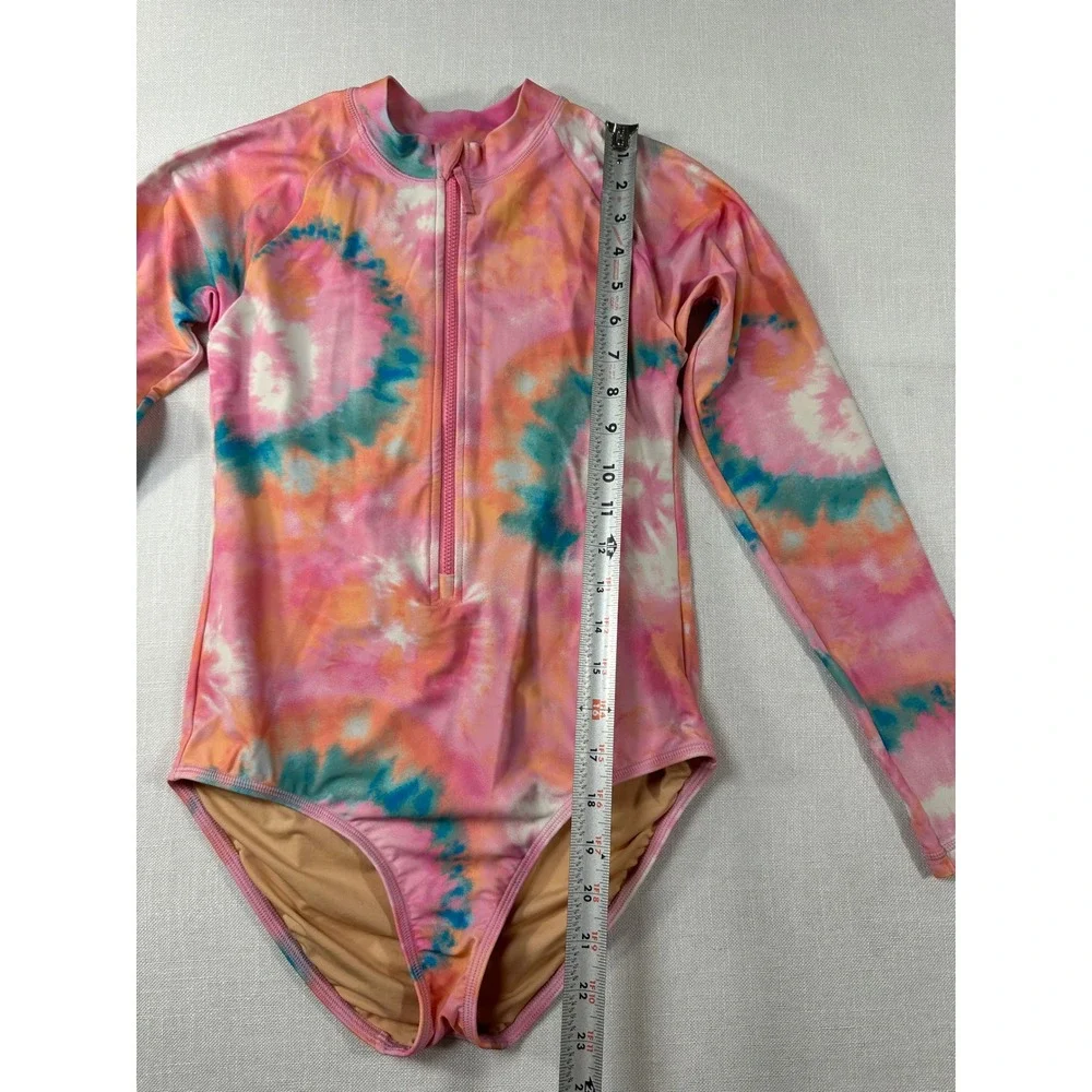 Crewcuts Girls Pink Tie Dye Long Sleeve Rash Guard Swimsuit UPF 50+ Size 14